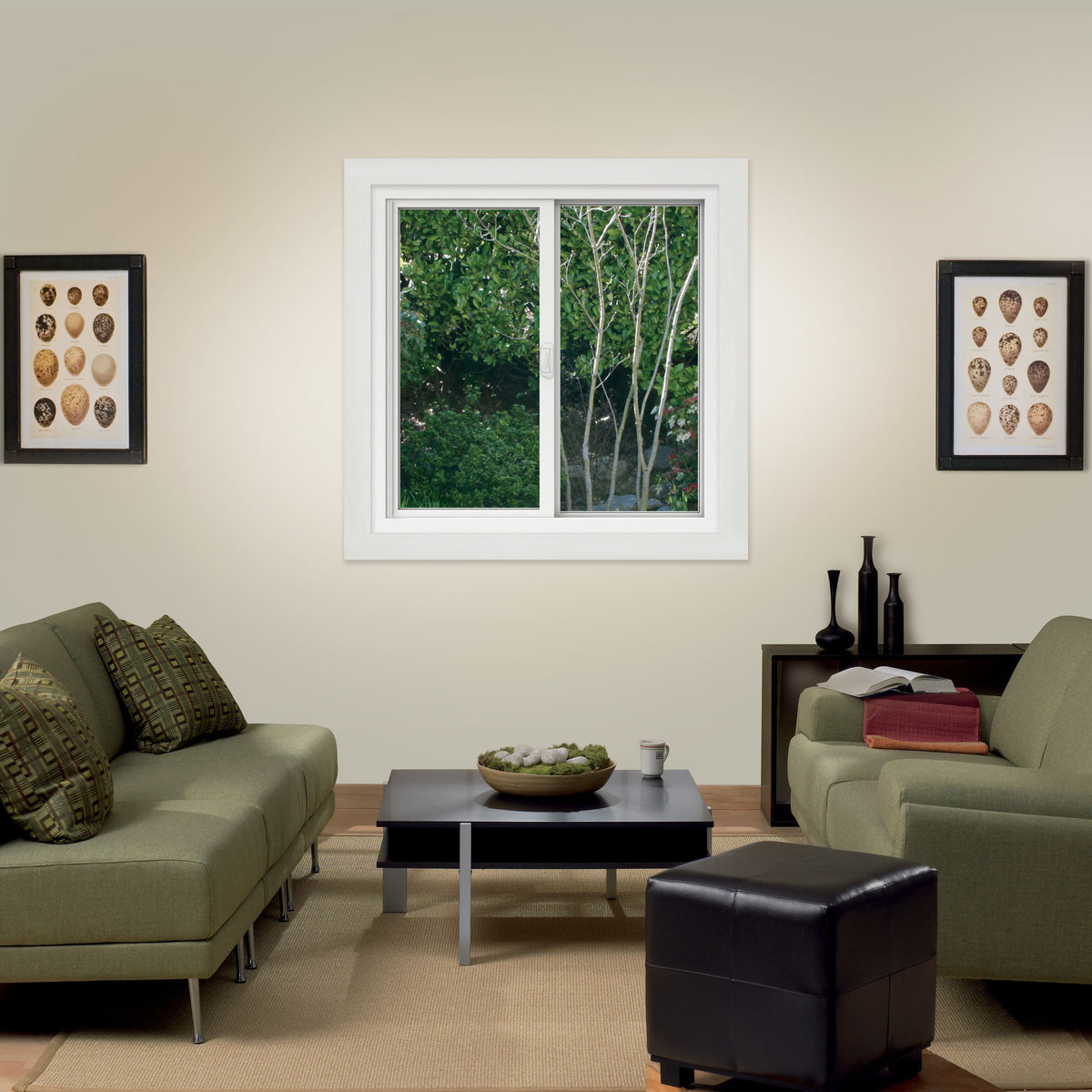 JELD-WEN FiniShield V-4500 35-1/2-in x 35-1/2-in x 3-in Jamb Right-Operable Vinyl Sliding Window, Black Exterior/White Interior, Full Screen Included