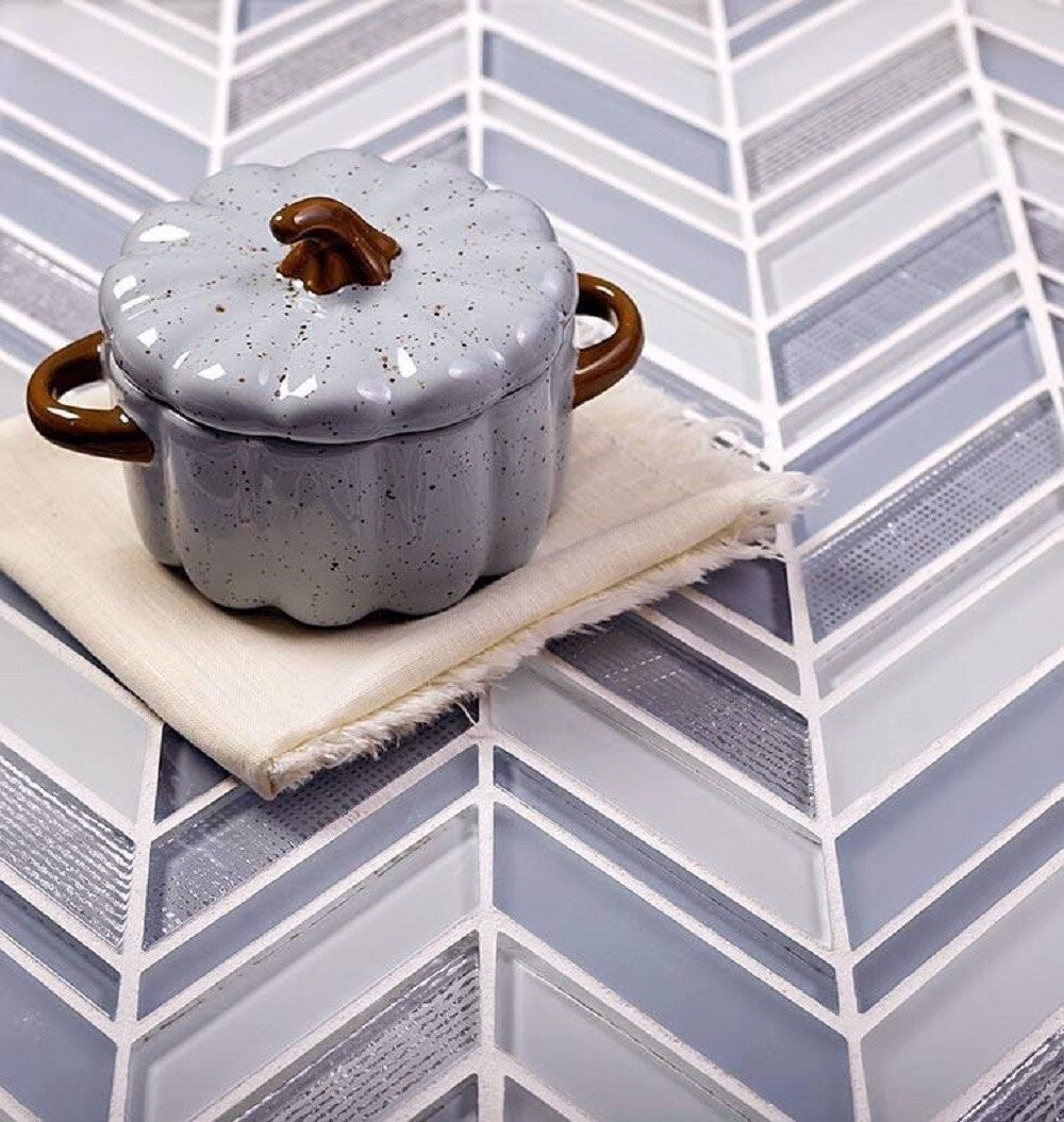 Apollo Tile Glacier Blue and White 11-in x 11-in Polished Glass Chevron Floor and Wall Tile (3.76-sq. ft/ Carton)