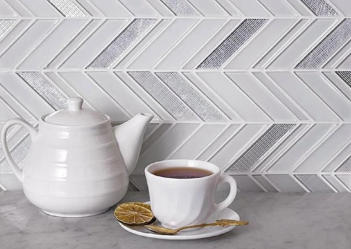 Apollo Tile (Sample) Glacier White and Gray 4-in x 4-in Polished Glass Chevron Mosaic Floor and Wall Tile