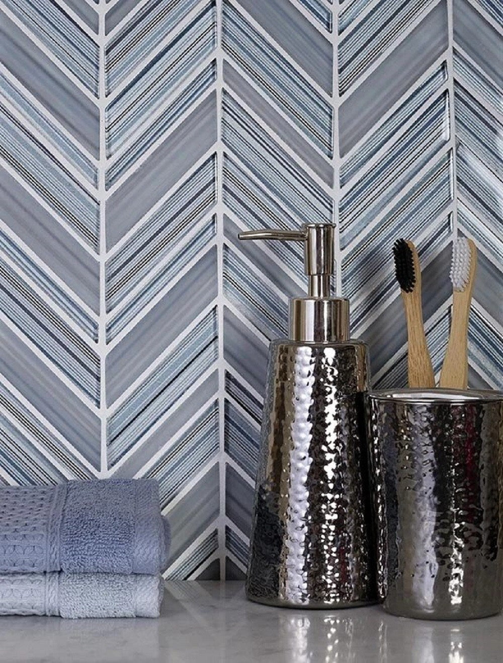 Apollo Tile (Sample) Glacier Blue and Gray 4-in x 4-in Polished Glass Chevron Mosaic Floor and Wall Tile
