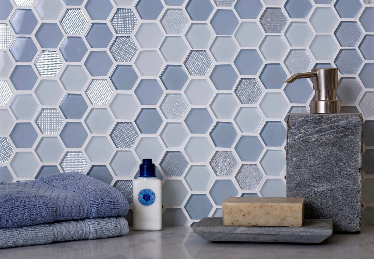 Apollo Tile (Sample) Glacier Blue 4-in x 4-in Polished Glass Honeycomb Mosaic Floor and Wall Tile