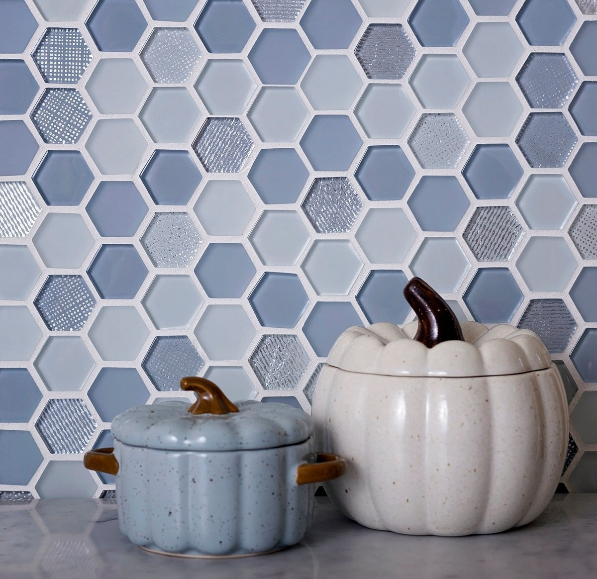 Apollo Tile (Sample) Glacier Blue 4-in x 4-in Polished Glass Honeycomb Mosaic Floor and Wall Tile