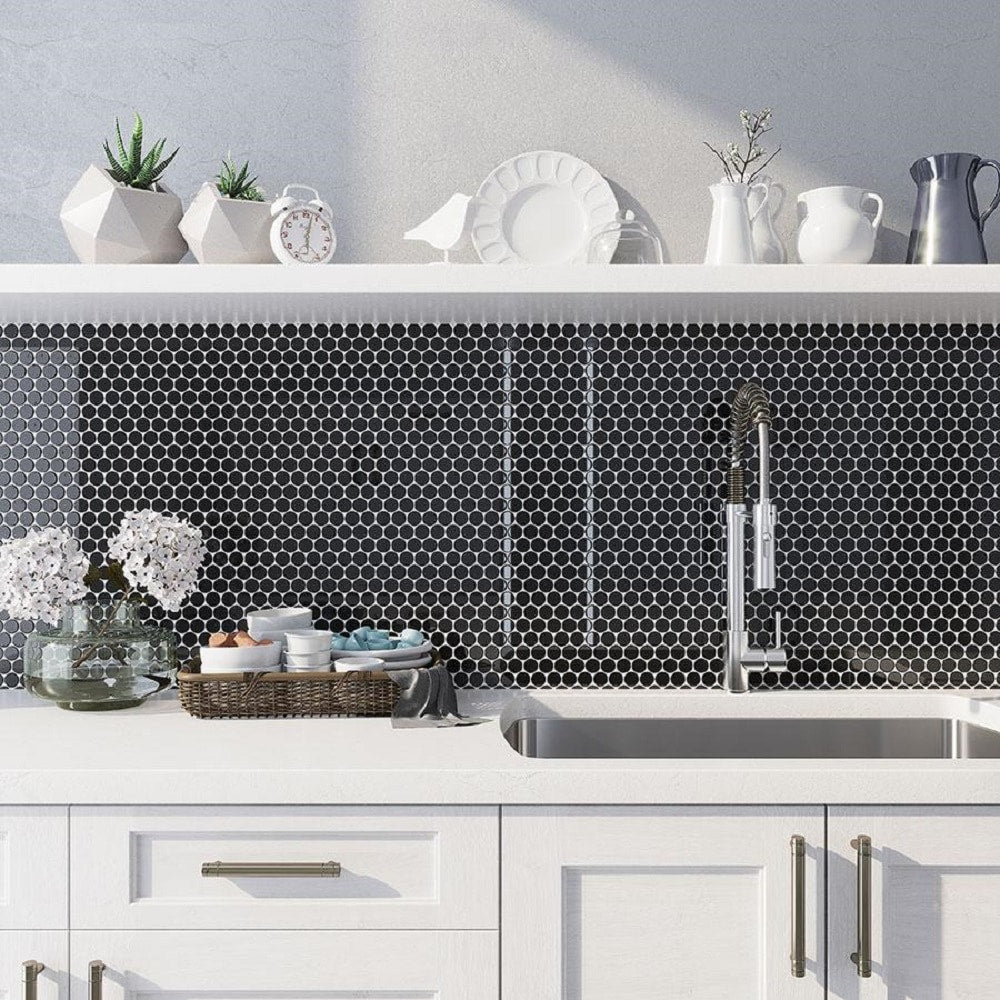 Apollo Tile Colorway Black 12-in x 12-in Glossy Glass Penny Round Floor and Wall Tile (5-sq. ft/ Carton)