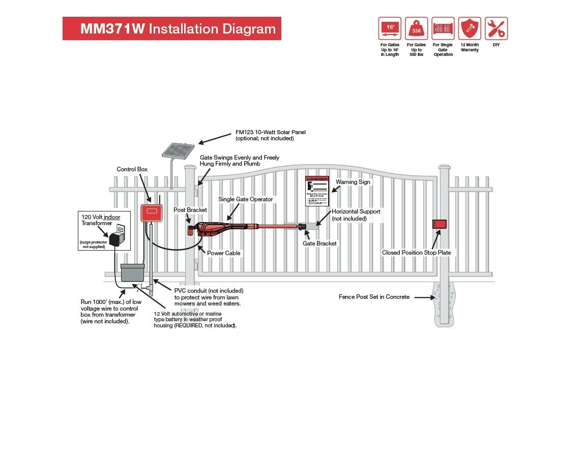 Mighty Mule 16-ft Single Swing Universal Battery Driveway Gate Opener Kit (Solar Compatible)