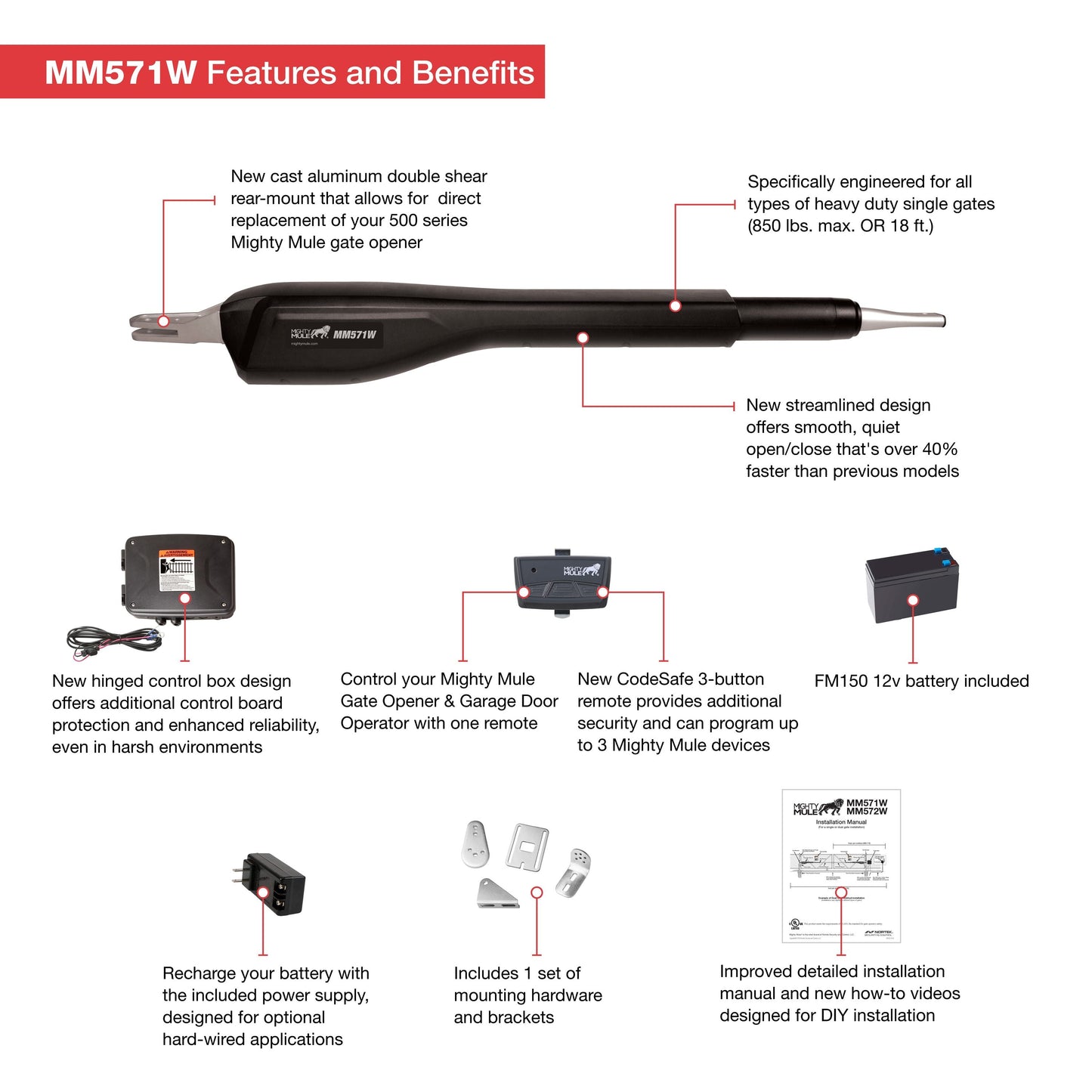 Mighty Mule 18-ft Single Swing Universal Battery Driveway Gate Opener Kit (Solar Compatible)