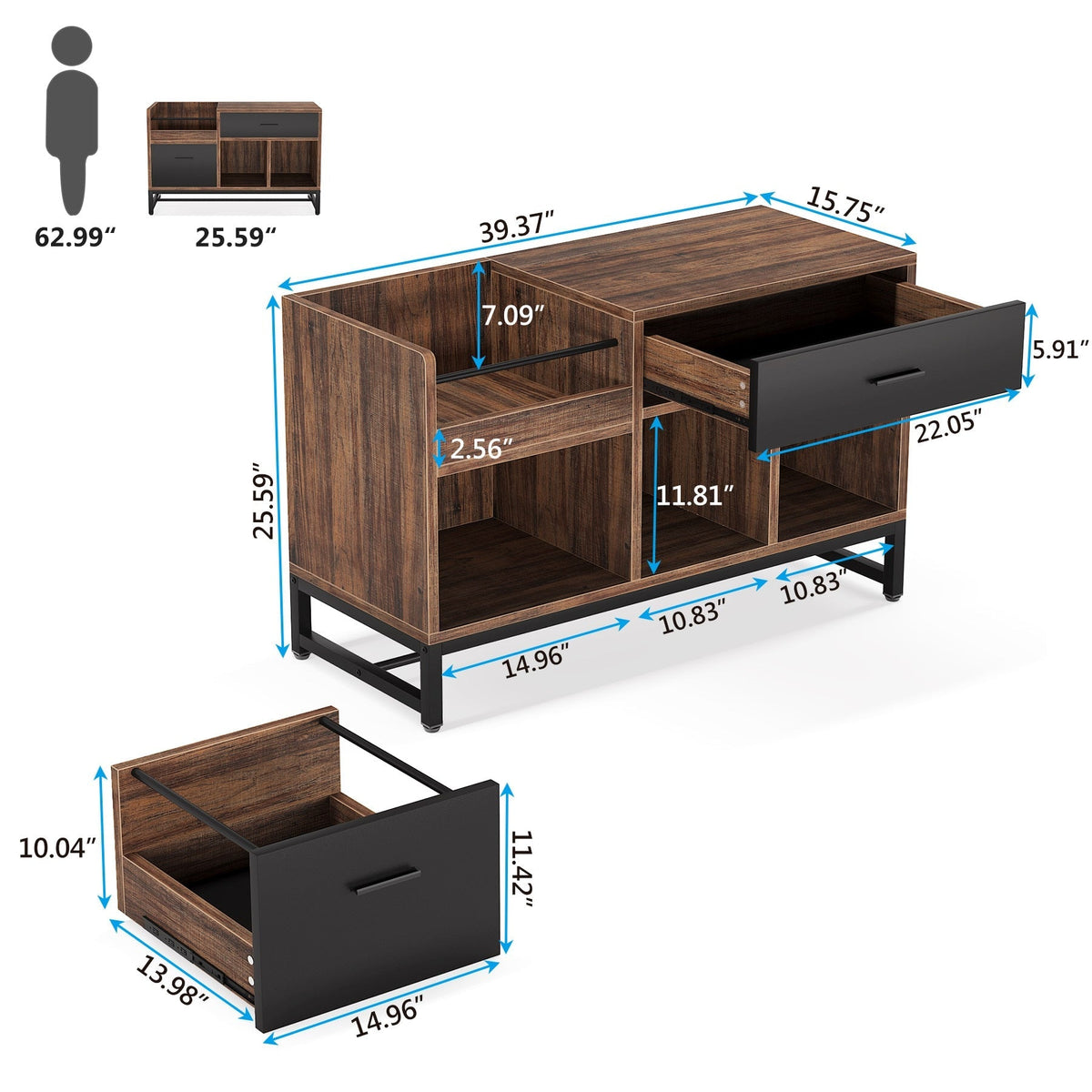 Tribesigns Brown/Black 2-Drawer 39.4-in File Cabinet