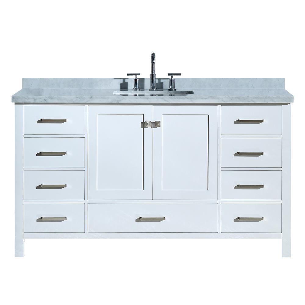 Cambridge 55 in. Bath Vanity in White with Marble Vanity Top in Carrara White with White Basin - Super Arbor