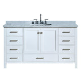 Cambridge 55 in. Bath Vanity in White with Marble Vanity Top in Carrara White with White Basin - Super Arbor