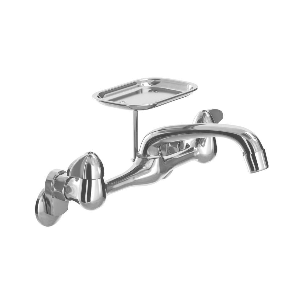 2-Handle Wall-Mount Kitchen Faucet with Soap Dish in Chrome - Super Arbor