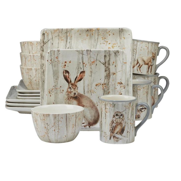 A Woodland Walk 16-Piece Country/Cottage Grey and Sepia Ceramic Dinnerware Set (Service for 4)