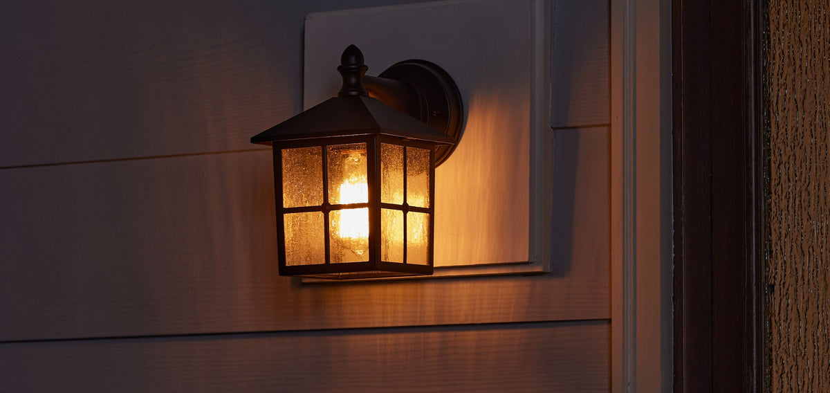 Project Source 2-Pack 8.77-in H Matte Black Outdoor Wall Lanterns, Medium Base (E-26) with Seeded Glass