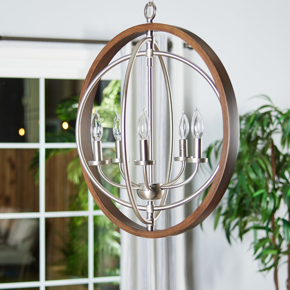 Progress Lighting Fairwood 5-Light Teak Wood and Satin Nickel Transitional Globe Medium Hanging Pendant Light