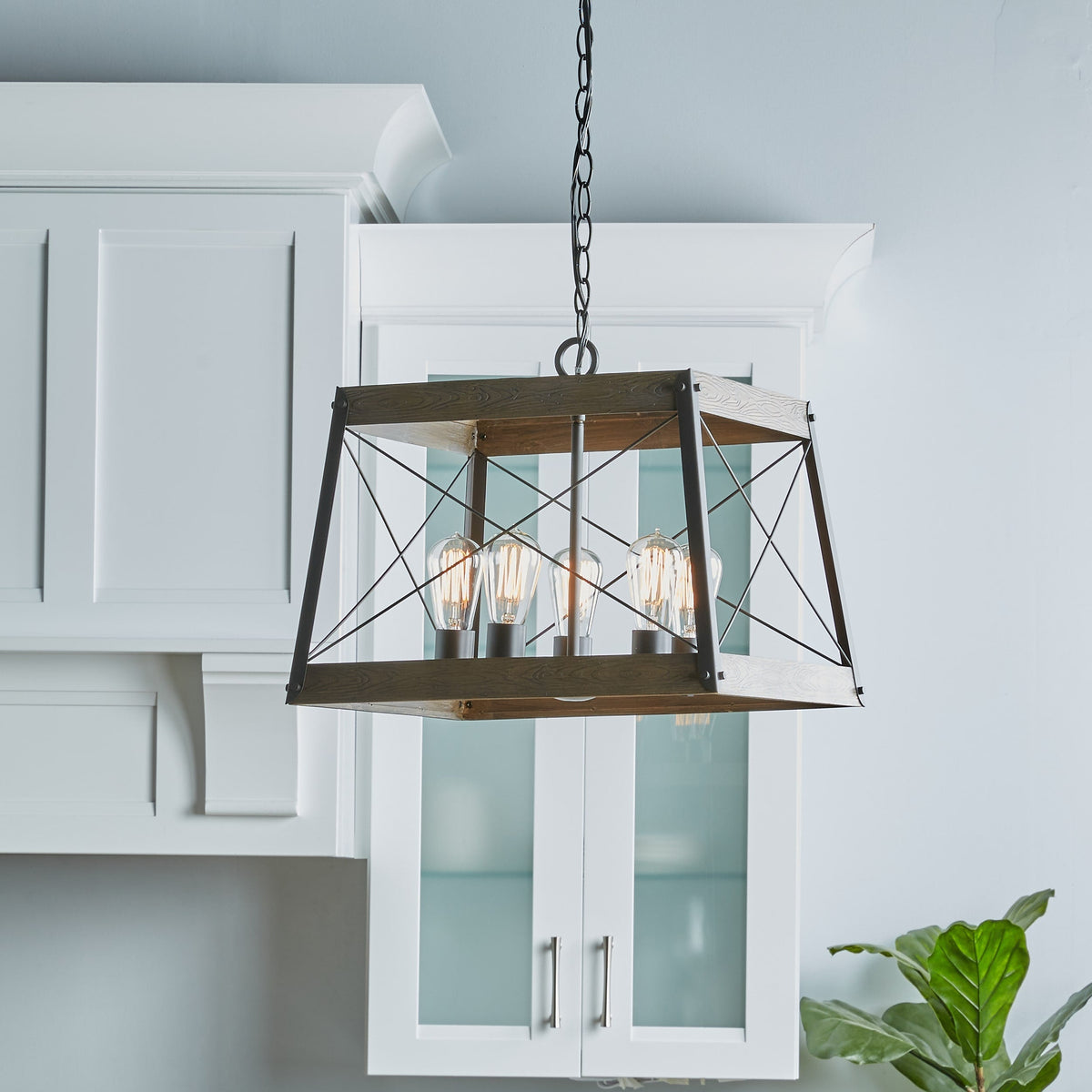 Progress Lighting Bradberry 5-Light Weathered Oak and Graphite Farmhouse Lantern Medium Hanging Pendant Light