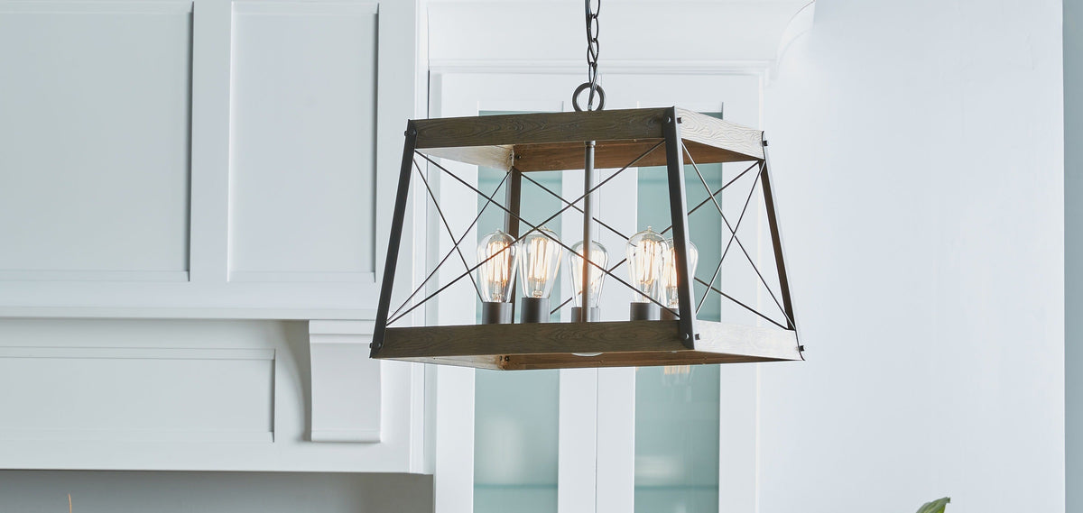 Progress Lighting Bradberry 5-Light Weathered Oak and Graphite Farmhouse Lantern Medium Hanging Pendant Light