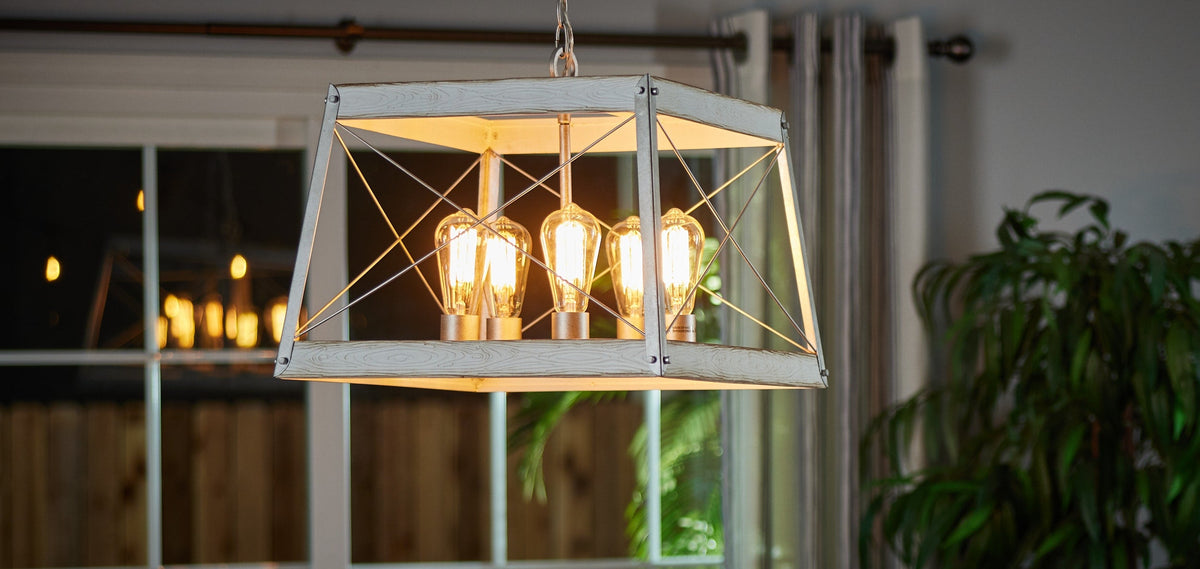 Progress Lighting Bradberry 5-Light Antique White with Galvanized Accents Farmhouse Lantern Pendant Light, 18.12-in