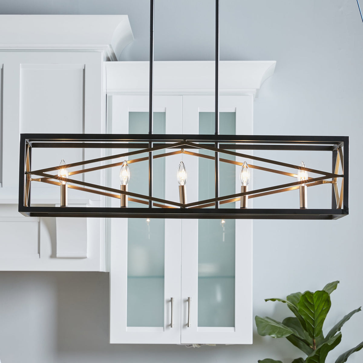Quoizel Platform 5-Light Matte Black with Gold Linear Kitchen Island Chandelier, 60-in Downrods, Dimmable