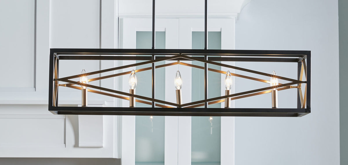 Quoizel Platform 5-Light Matte Black with Gold Linear Kitchen Island Chandelier, 60-in Downrods, Dimmable