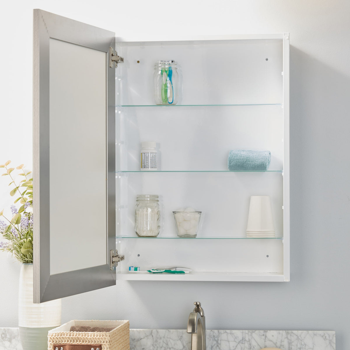 Style Selections 22.5-in x 30.5-in Surface/Recessed Mount Brushed Nickel Mirrored Soft Close Medicine Cabinet