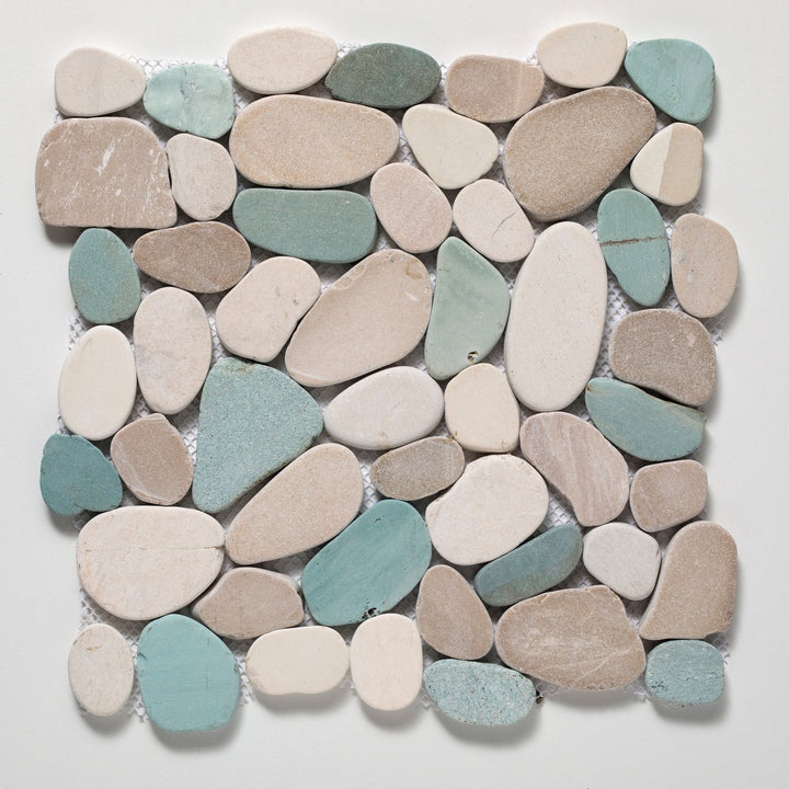 CRUZ BAY STUDIO Sliced Pebble Green/Tan/White 12-in x 12-in Honed Natural stone Quartz Pebble Mosaic Floor and Wall Tile product image