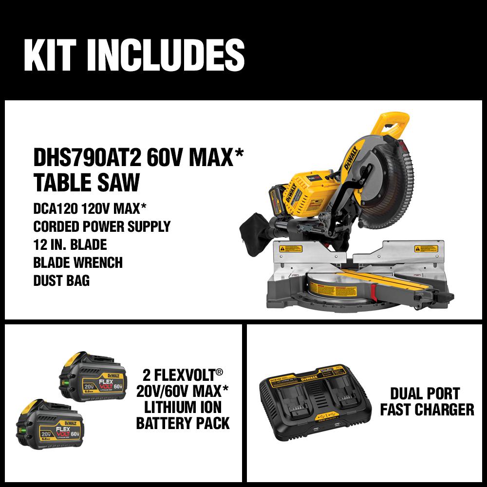 FLEXVOLT 120-Volt MAX Lithium-Ion Cordless Brushless 12 in. Sliding Miter Saw w/ AC Adapter, (2) Batteries 2Ah & Charger - Super Arbor