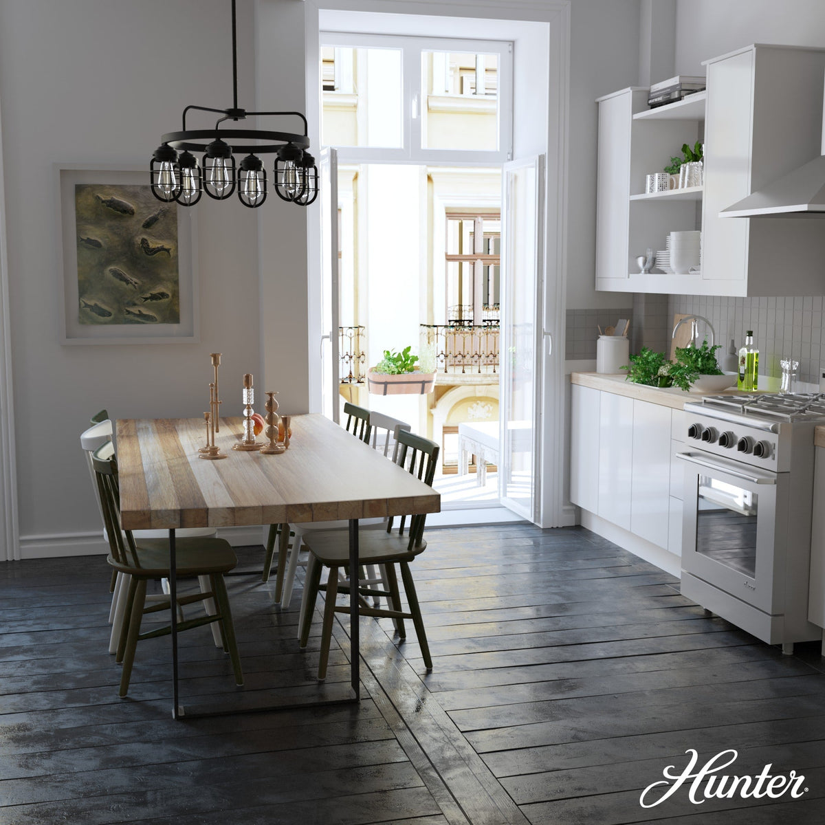 Hunter Starklake 6-Light Matte Black Industrial Led Cage Chandelier