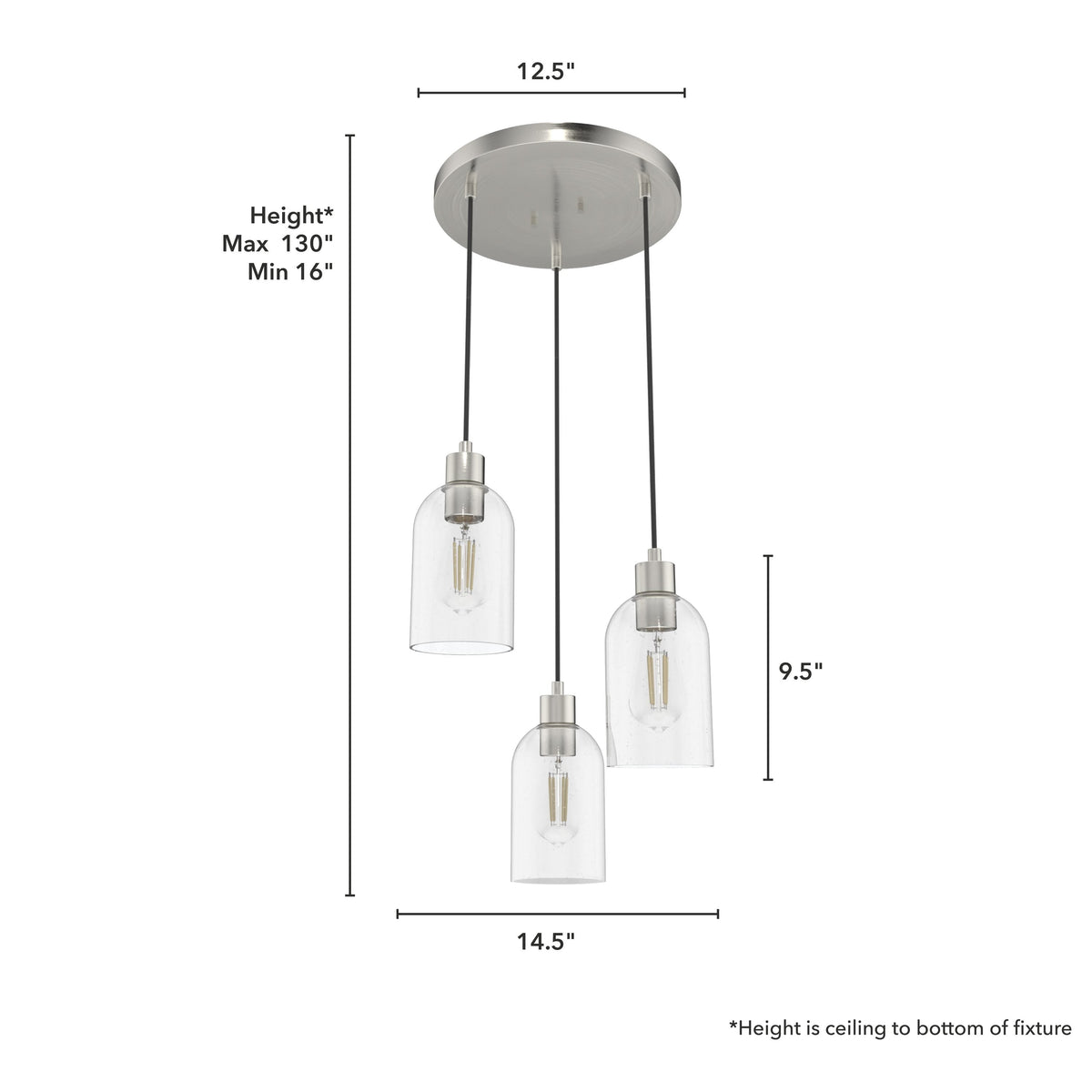Hunter Lochemeade 3-Light Brushed Nickel Modern/Contemporary Seeded Glass Tiered LED Small Hanging