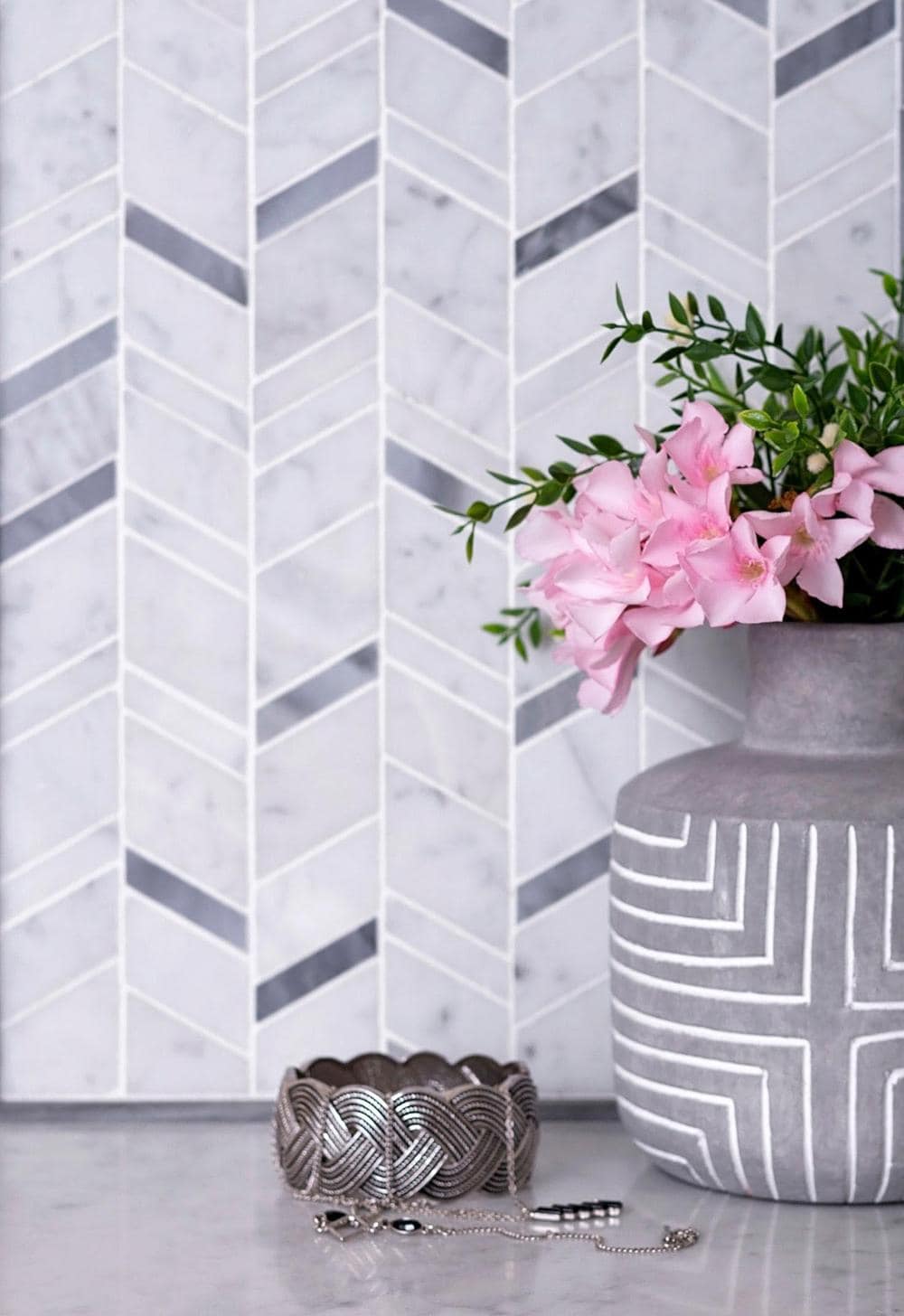 Apollo Tile (Sample) Floor and Wall Tile Gray and White 4-in x 4-in Polished Marble Herringbone Patterned Floor and Wall Tile