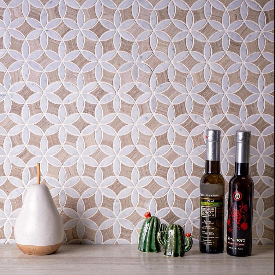 Apollo Tile (Sample) Floor and Wall Tile White and Beige 4-in x 4-in Polished Marble Pinwheel Patterned Floor and Wall Tile