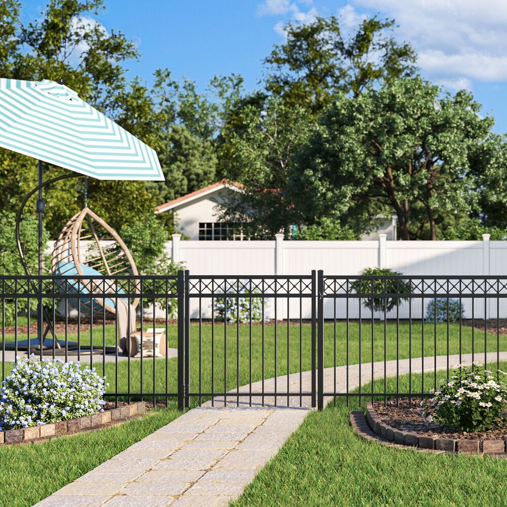 Freedom Hampshire 4-ft H x 4-ft W Black Aluminum Spaced Picket Flat-top Decorative Fence Gate