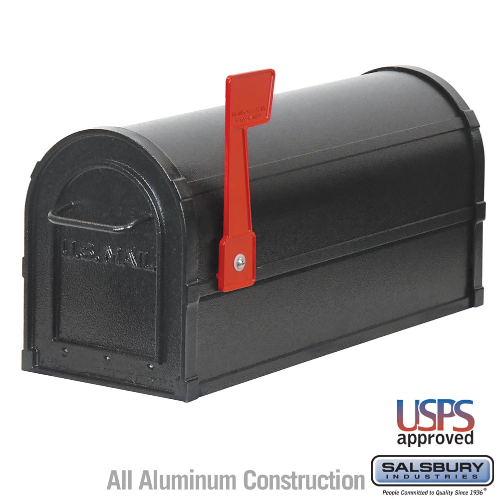 Salsbury 4800 Series Post-Mount Deluxe Rural Mailbox, Aluminum, Black, 7.5" W x 9.5" H x 20.5" D