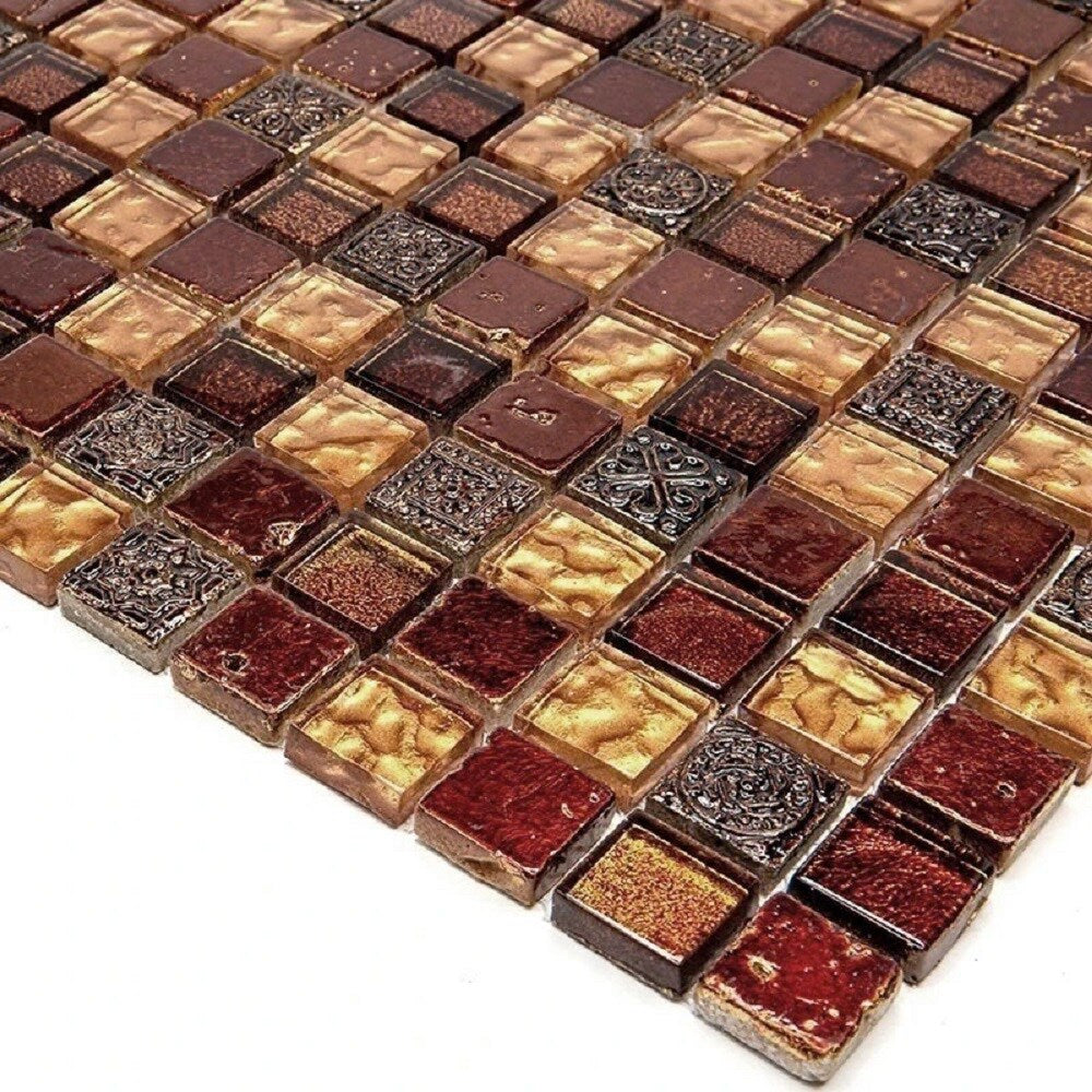 Apollo Tile (Sample) Wall Tile Mini Square Brown and Gold 4-in x 4-in Glossy Glass/Metal/Stone Marble Wall Tile