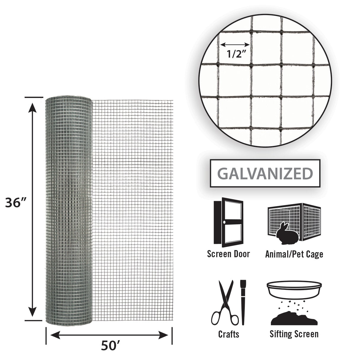 Garden Craft 36in x 50ft Galvanized Steel Hardware Cloth - 1/2in Mesh