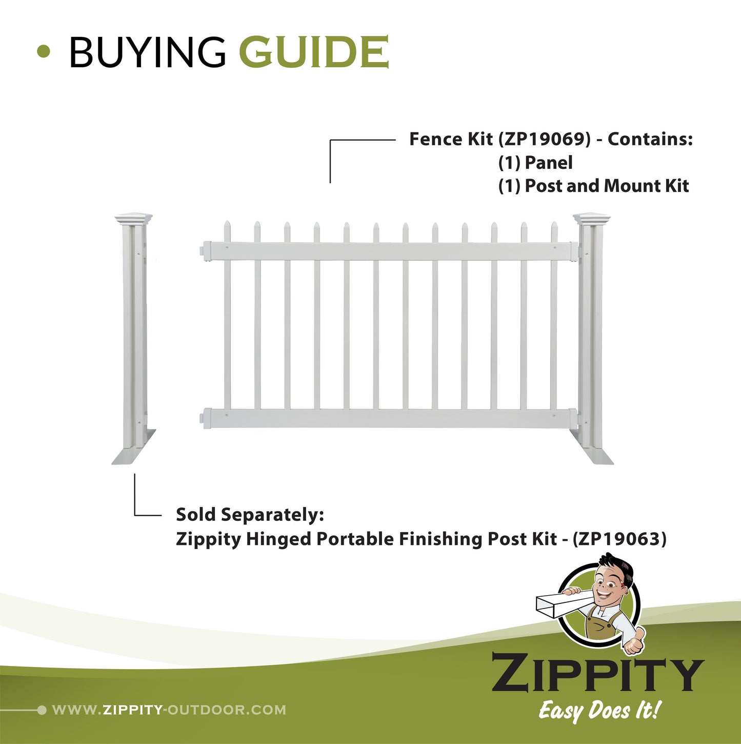 Zippity Outdoor Products Kensington Hinged Portable Event 3-ft H x 5.5-ft W White Vinyl Picket Fence Rail No Dig (Unassembled)