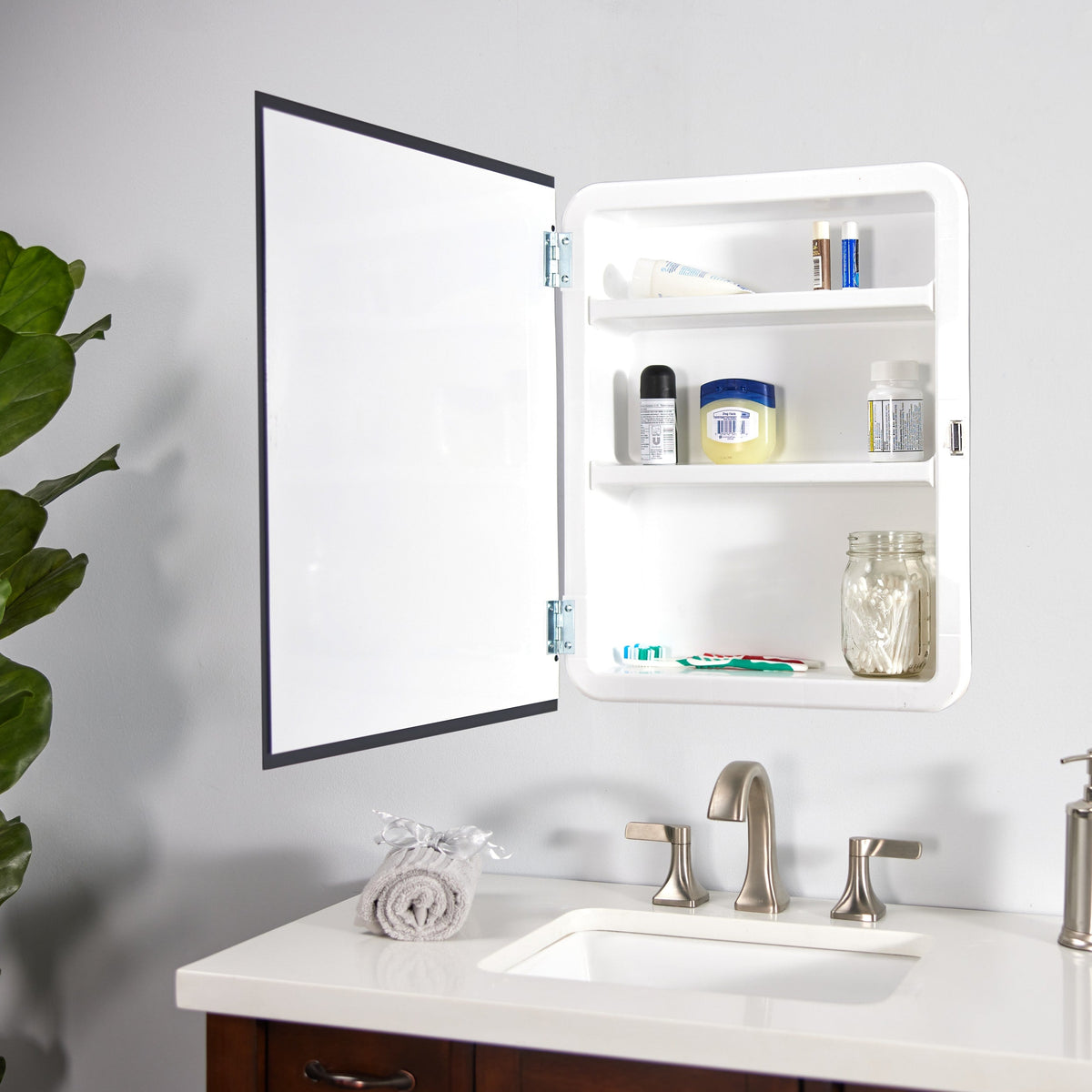 Project Source 16-in x 20-in Rectangle Surface/Recessed Frameless Mirrored Medicine Cabinet, White Plastic Body