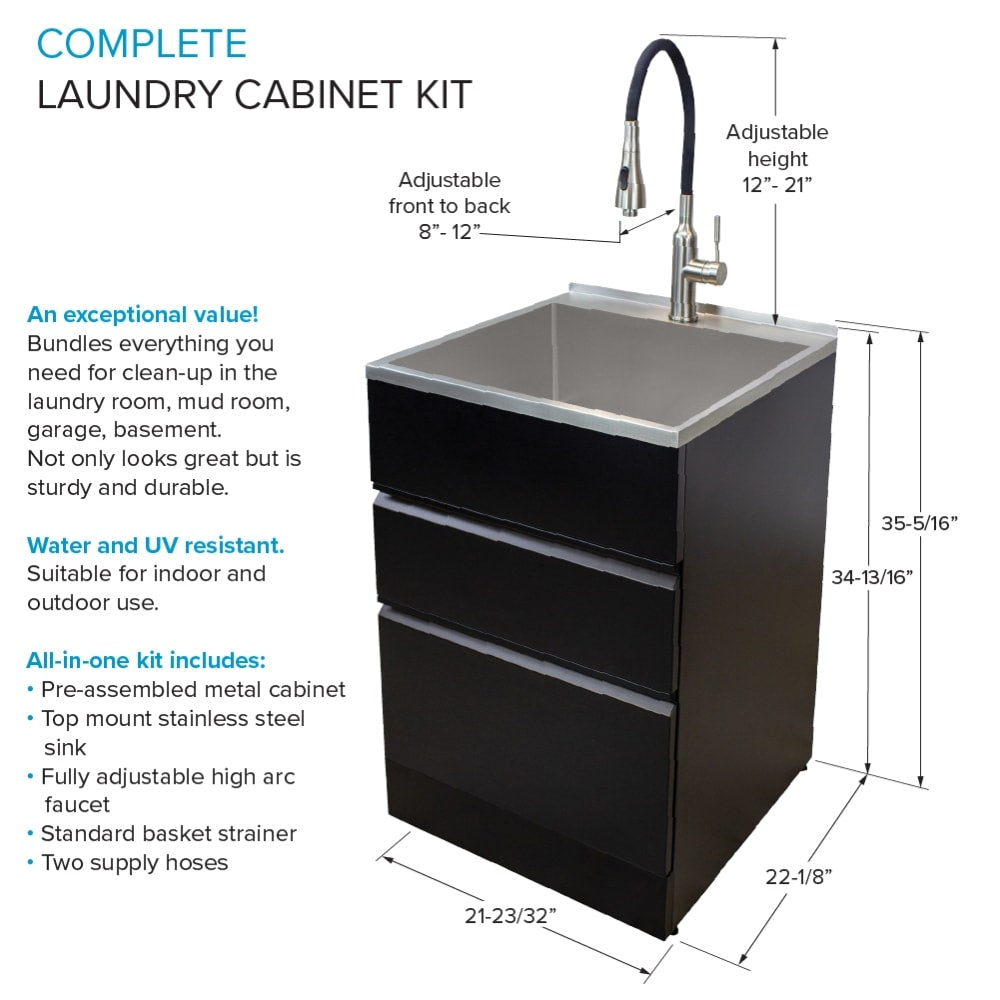 Transolid Matte Black Freestanding Laundry Sink with Cabinet and Faucet - 21.8x22.4 in
