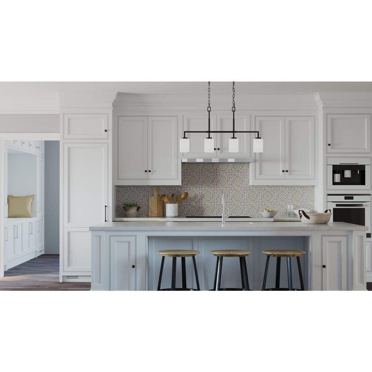 Progress Lighting Rexington 4-Light Matte Black Modern/Contemporary Etched Glass Linear Large Hanging Kitchen Island Light
