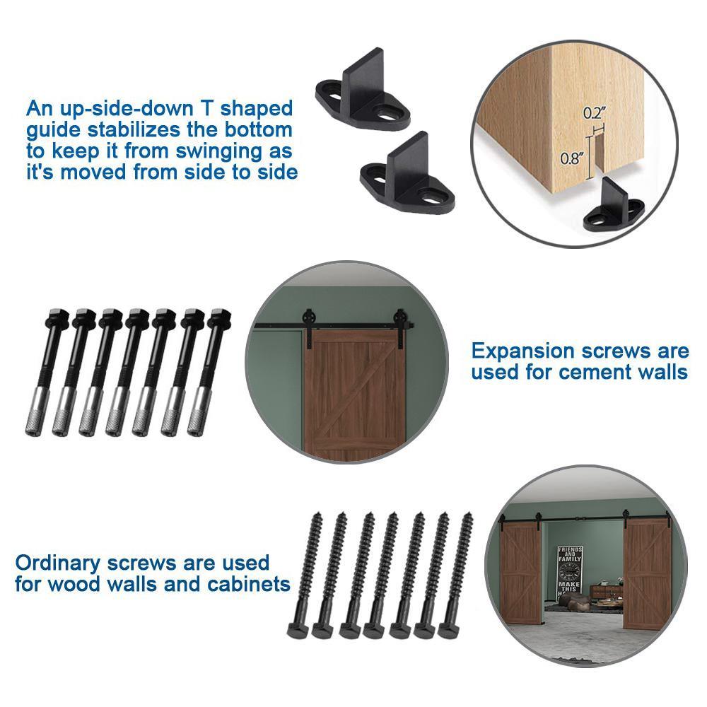 12 ft./144 in. Black Steel Sliding Barn Door Track and Hardware Kit for Double Doors with Floor Guide Bigwheel J Shape) - Super Arbor