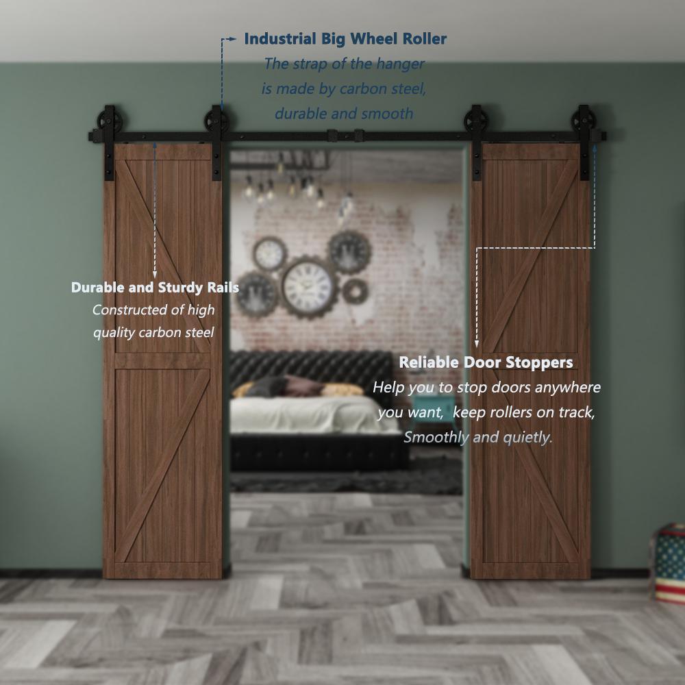 8 ft./96 in. Black Steel Sliding Barn Door Track and Hardware Kit for Double Doors with Floor GuideBigwheel J Shape) - Super Arbor