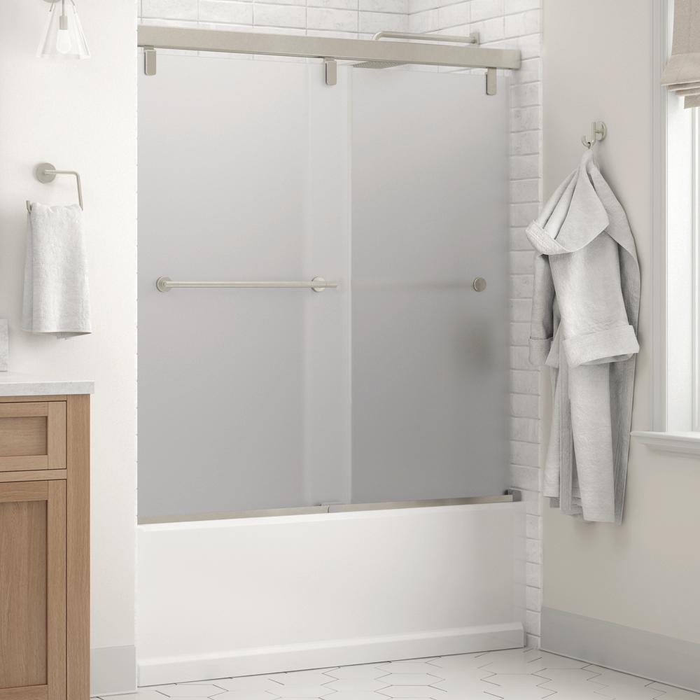 Everly 60 in. x 59-1/4 in. Mod Semi-Frameless Sliding Bathtub Door in Bronze and 1/4 in. (6mm) Droplet Glass - Super Arbor