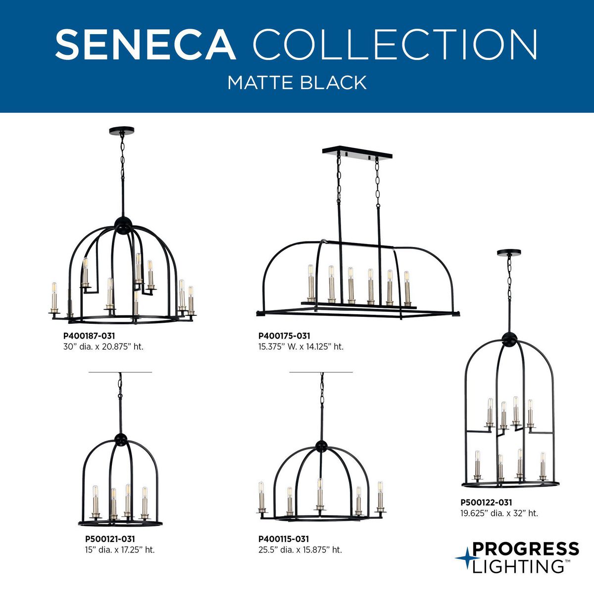 Progress Lighting Seneca 4-Light Matte Black Farmhouse Lantern Medium Hanging Pendant Light