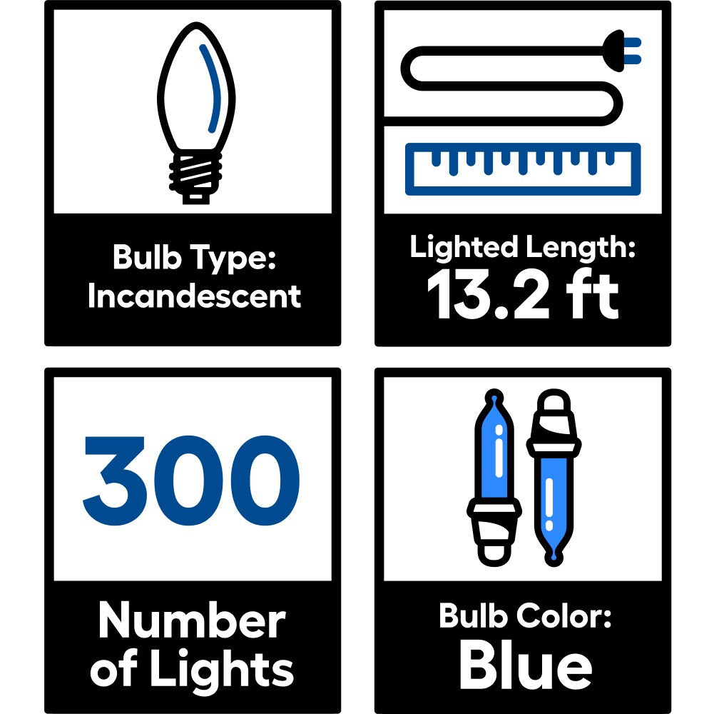GE String-A-Long 300-Count Blue Incandescent Icicle Christmas Lights, Constant-On, Plug-In, White Wire, 13.2-ft Lighted Length