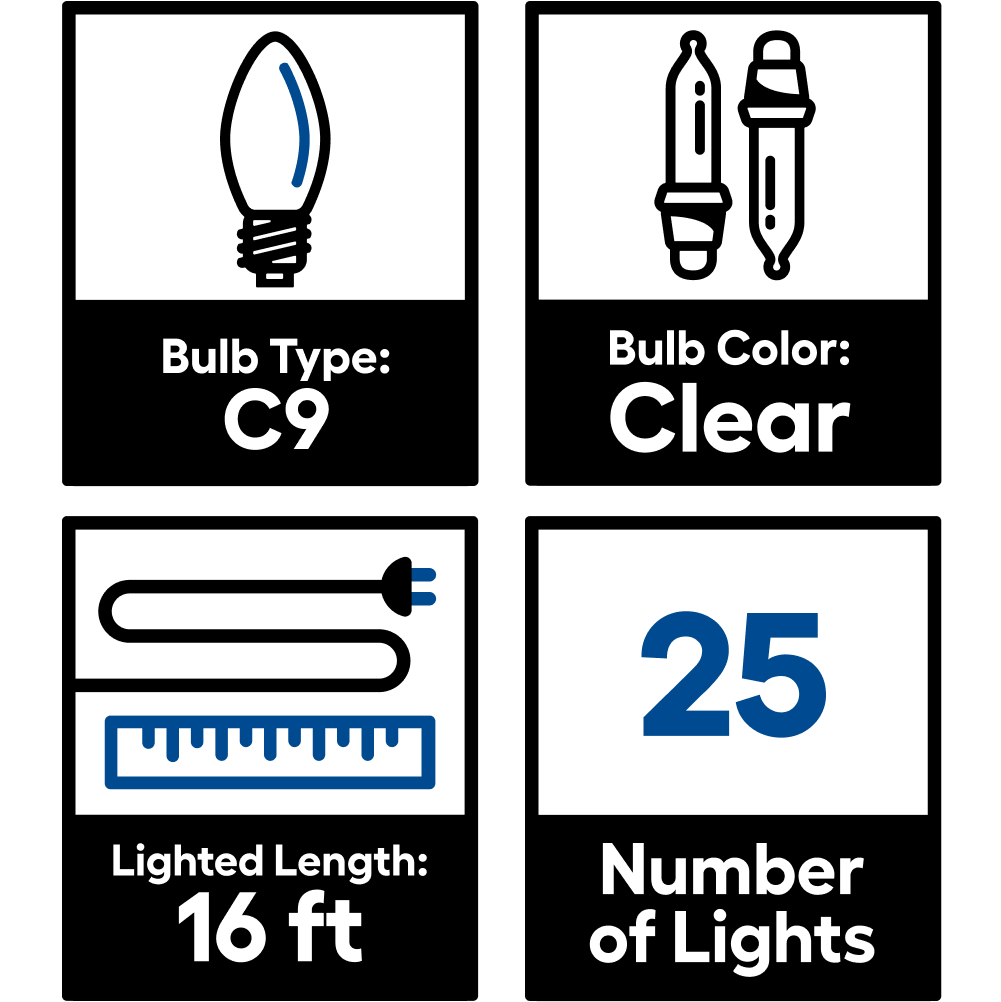 GE String-A-Long 25-Count 16-ft Clear C9 Incandescent Plug-In Christmas String Lights, Green Wire