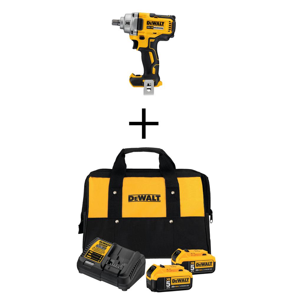 20-Volt Li-Ion Brushless Cordless 1/2 in. Impact Wrench (Tool-Only) w/ 20-V Battery Pack 5Ah (2-Pack), Charger & Kit Bag - Super Arbor