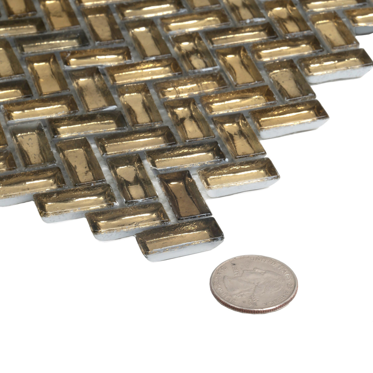 Apollo Tile (Sample) Majeste Gold 4-in x 4-in Matte Glass Herringbone Mosaic Floor and Wall Tile
