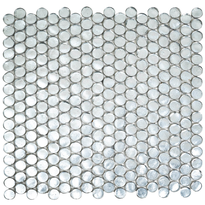 Apollo Tile (Sample) Majeste Dark Silver 4-in x 4-in Glossy Glass Penny Round Patterned Wall Tile