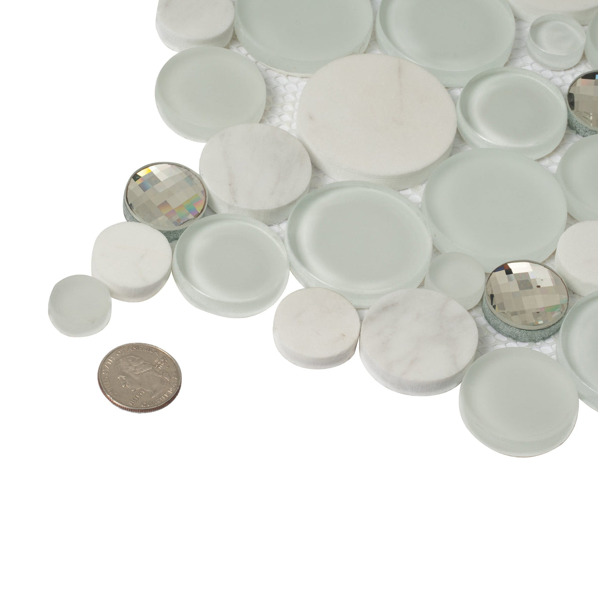 Apollo Tile (Sample) Winterland White 4-in x 4-in Glossy Glass Circular Patterned Wall Tile