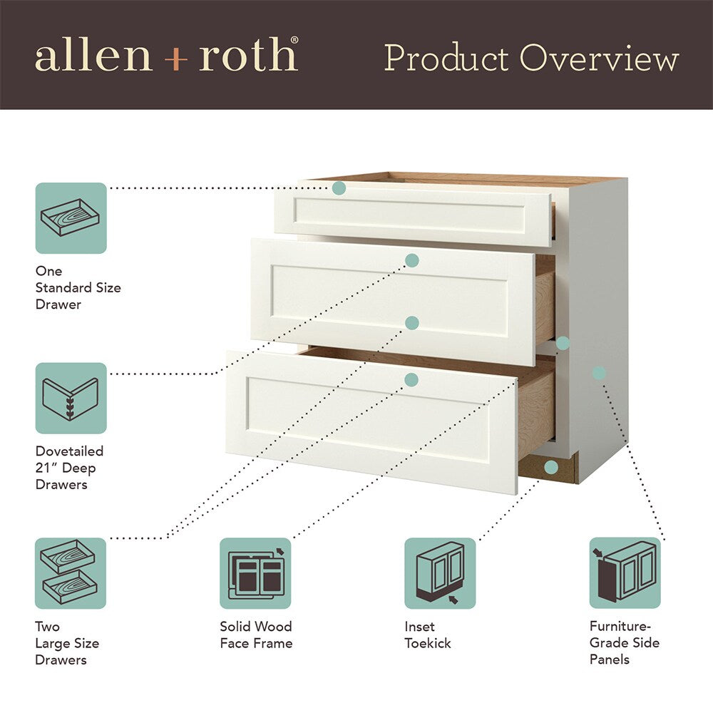 allen + roth McKeller 36-in W x 34.5-in H x 24-in D Linen 3-Drawer Base Fully Assembled Cabinet (Flat Panel Style)