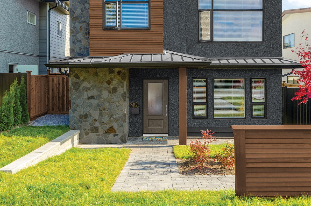 Therma-Tru Benchmark Reed 36-in x 80-in Fiberglass 3/4 Lite Left-Hand Inswing Gray Ash Stained Prehung Single Front Door