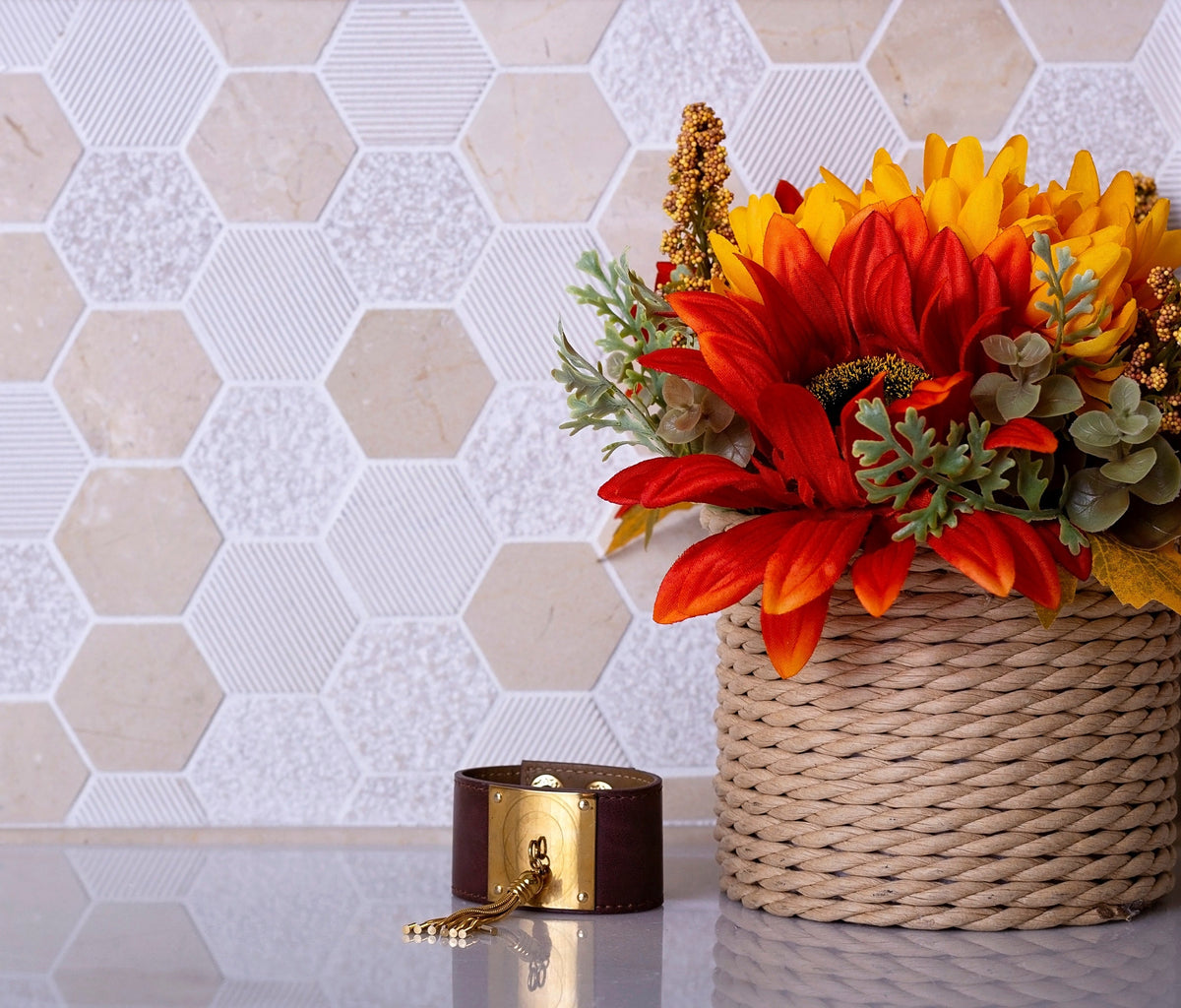 Apollo Tile (Sample) Sparta Beige 4-in x 4-in Polished Marble Honeycomb Mosaic Floor and Wall Tile