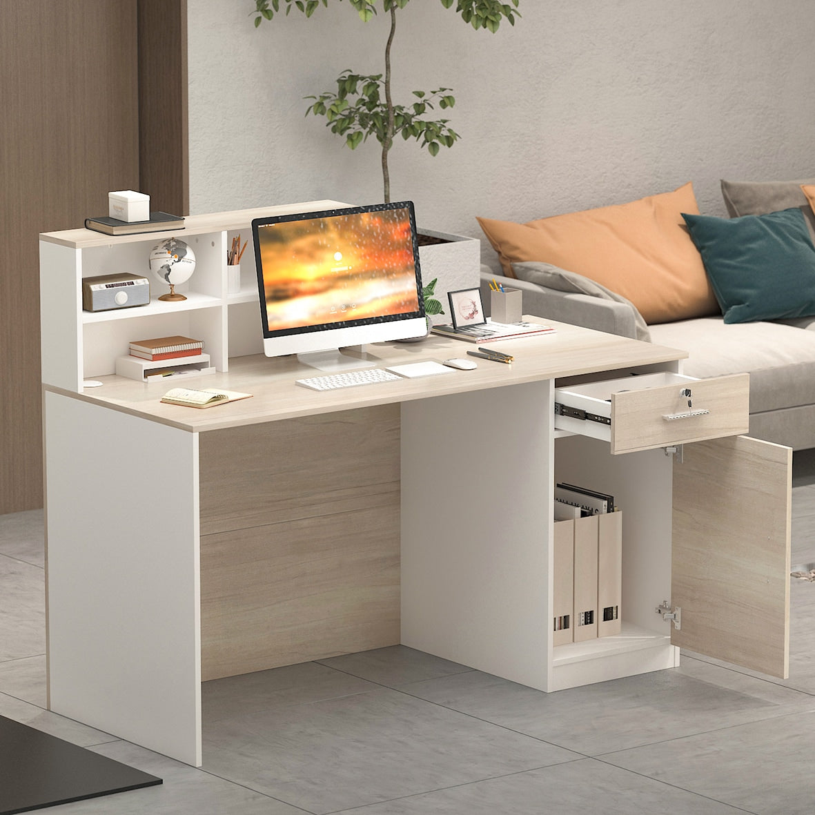 FUFU&GAGA Modern/Contemporary Off-White Reception Desk with Drawers, Shelves, and Lockable Cabinet